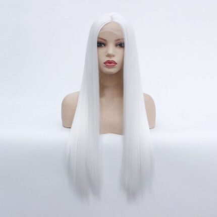 Perruque européenne et américaine blanche mi-longue à cheveux raides